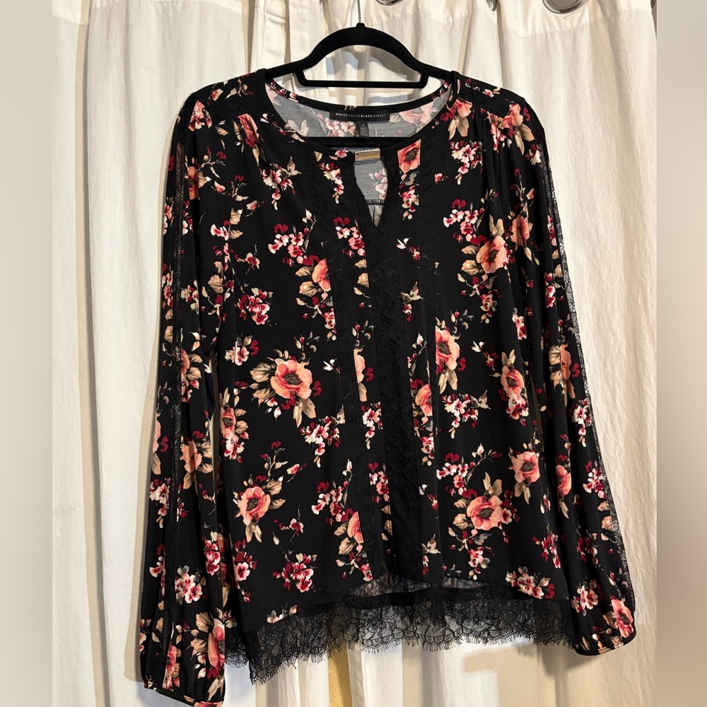 White House Black Market Black and Pink Floral Blouse